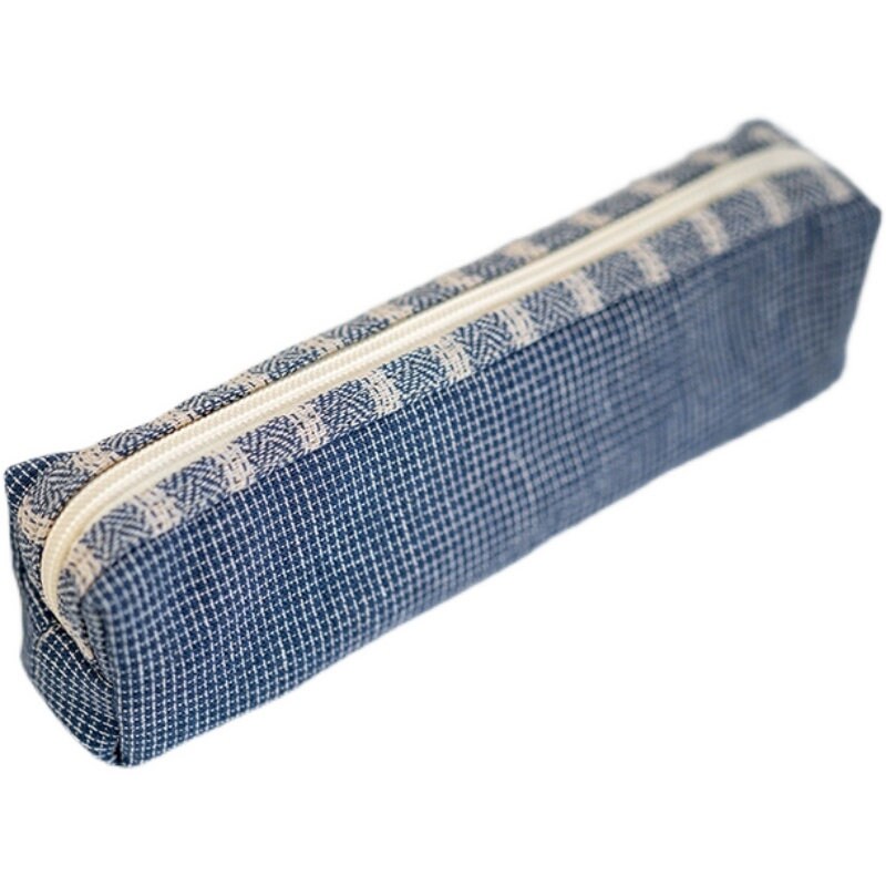 Dark Blue Plaid Pencil Bag Literary Fabric Zipper Pen Case Neutral Style Students' Stationery Set Linen Handmade Storage Bag Gift for Friend