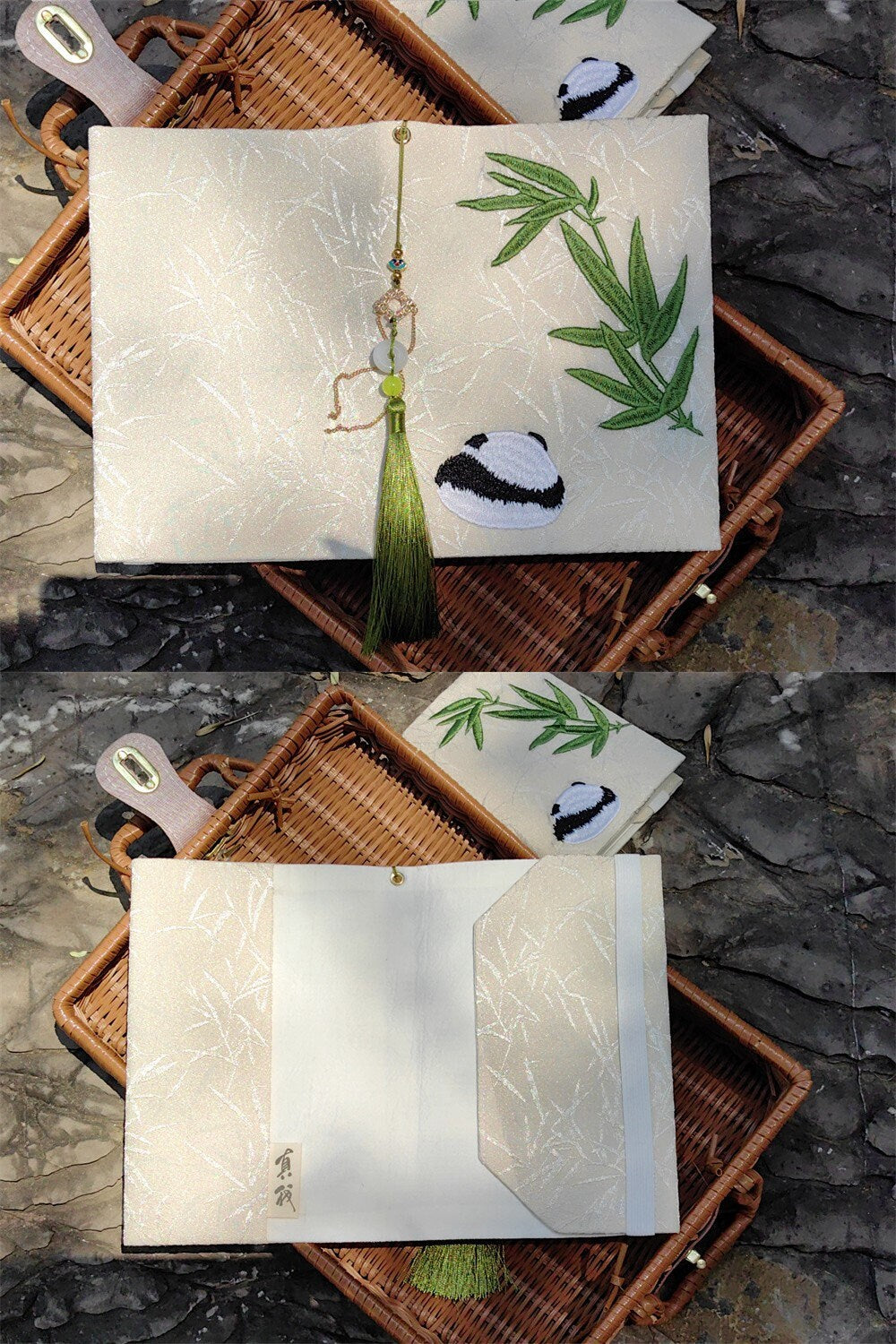Bamboo Panda Embroidered Notebook Personalized Cloth Journal Cover Handmade Adjustable Book Sleeve A5 Grid Notebook A6 Lined Blank Planner