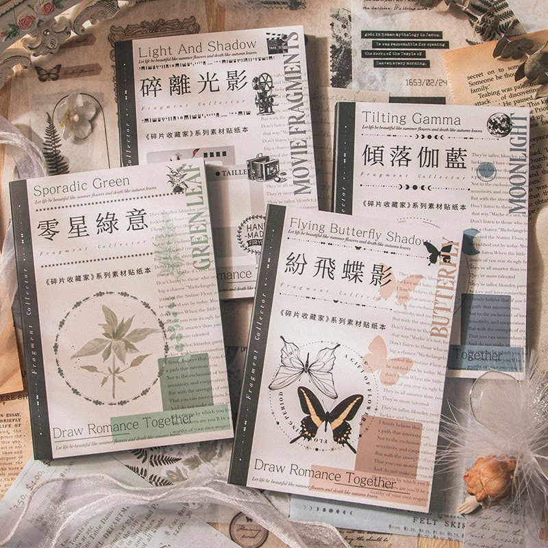 Retro Washi Sticker Book Ephemera Journaling Paper Fragment Collector Material Pack Butterfly Plant Film Background Paper Decorative Sticker