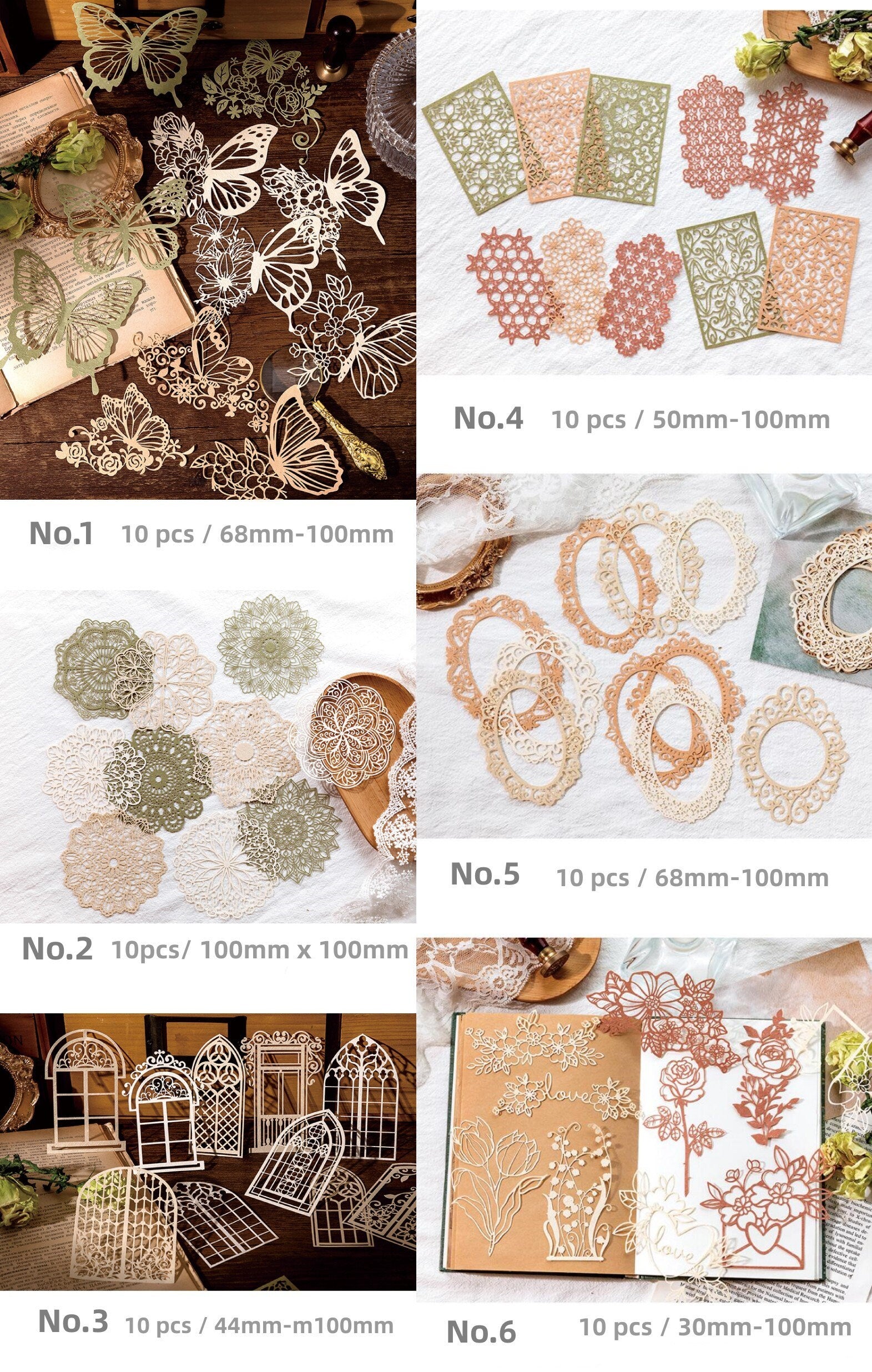 Colorful Lace Hollow Paper Decoration Kits 10pcs Ephemera Material Pack Scrapbooking Supplies Butterfly Photo Frame Window Collage Paper Set