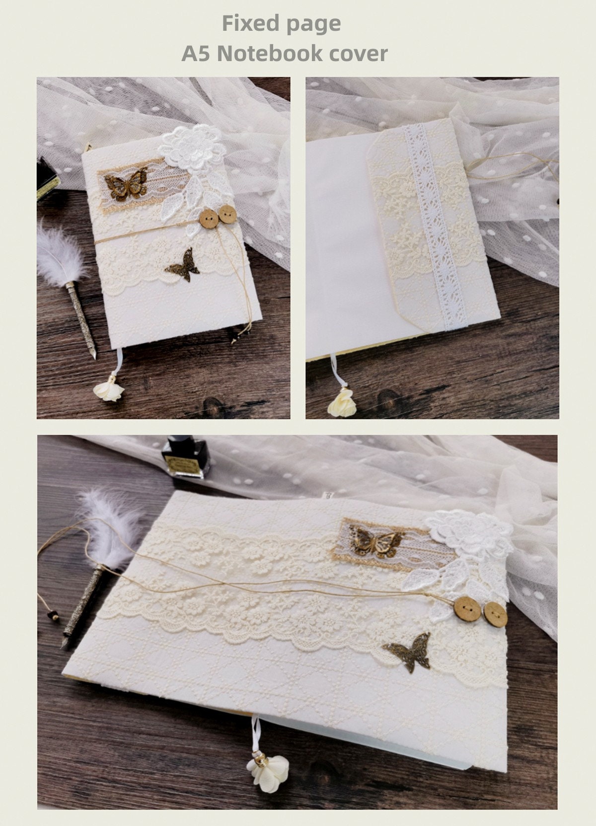 Retro Butterfly Lace Loose-leaf Journal A6 A5 Original White Lace Notebook Cover Handmade Refillable Fabric Notepad Card Booklet Girl's gift