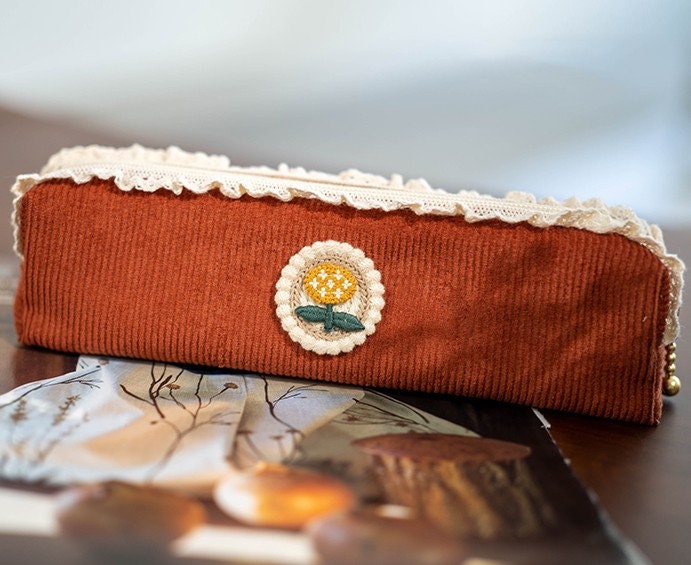 Caramel Color Embroidery Flower Pencil Case Original Lace Zipper Pen Pouch Retro Fabric Makeup Storage Bag Students' Stationery Sister Gift