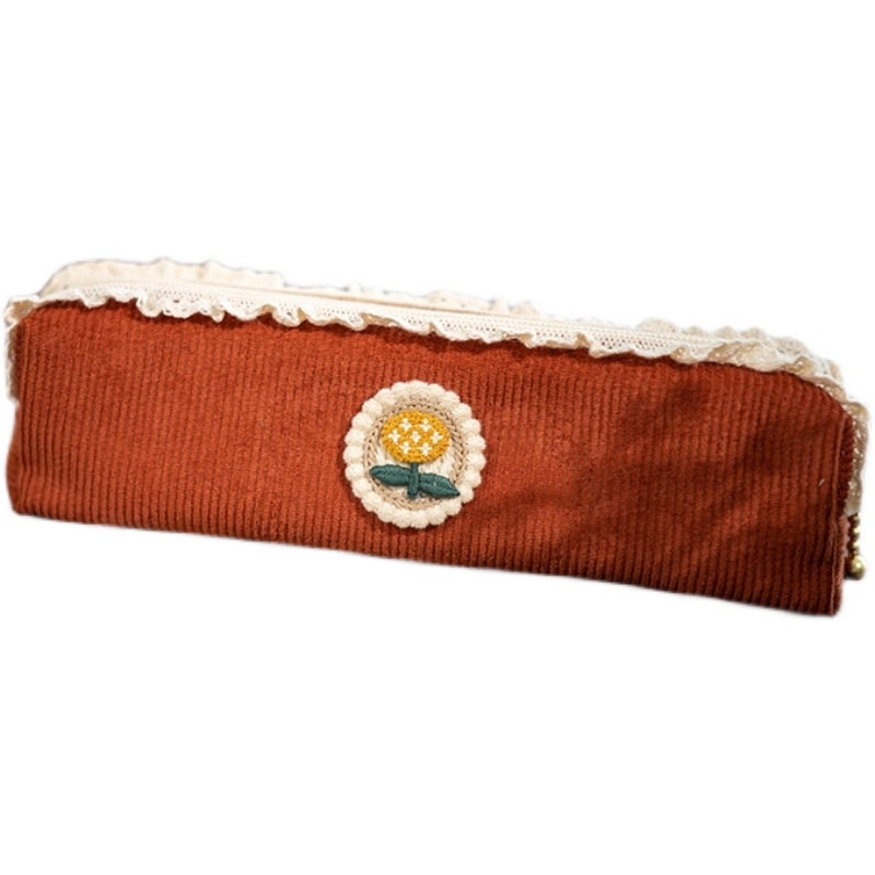 Caramel Color Embroidery Flower Pencil Case Original Lace Zipper Pen Pouch Retro Fabric Makeup Storage Bag Students' Stationery Sister Gift