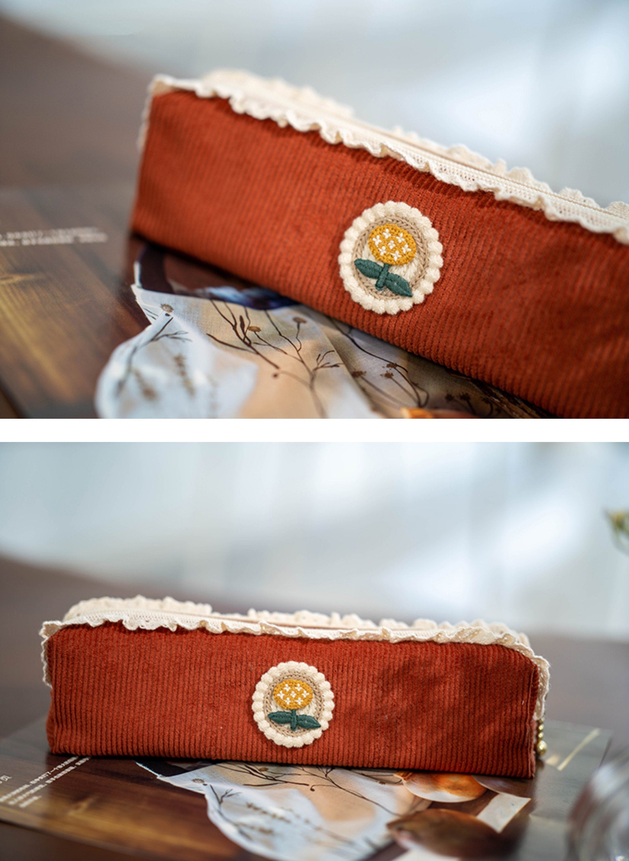 Caramel Color Embroidery Flower Pencil Case Original Lace Zipper Pen Pouch Retro Fabric Makeup Storage Bag Students' Stationery Sister Gift