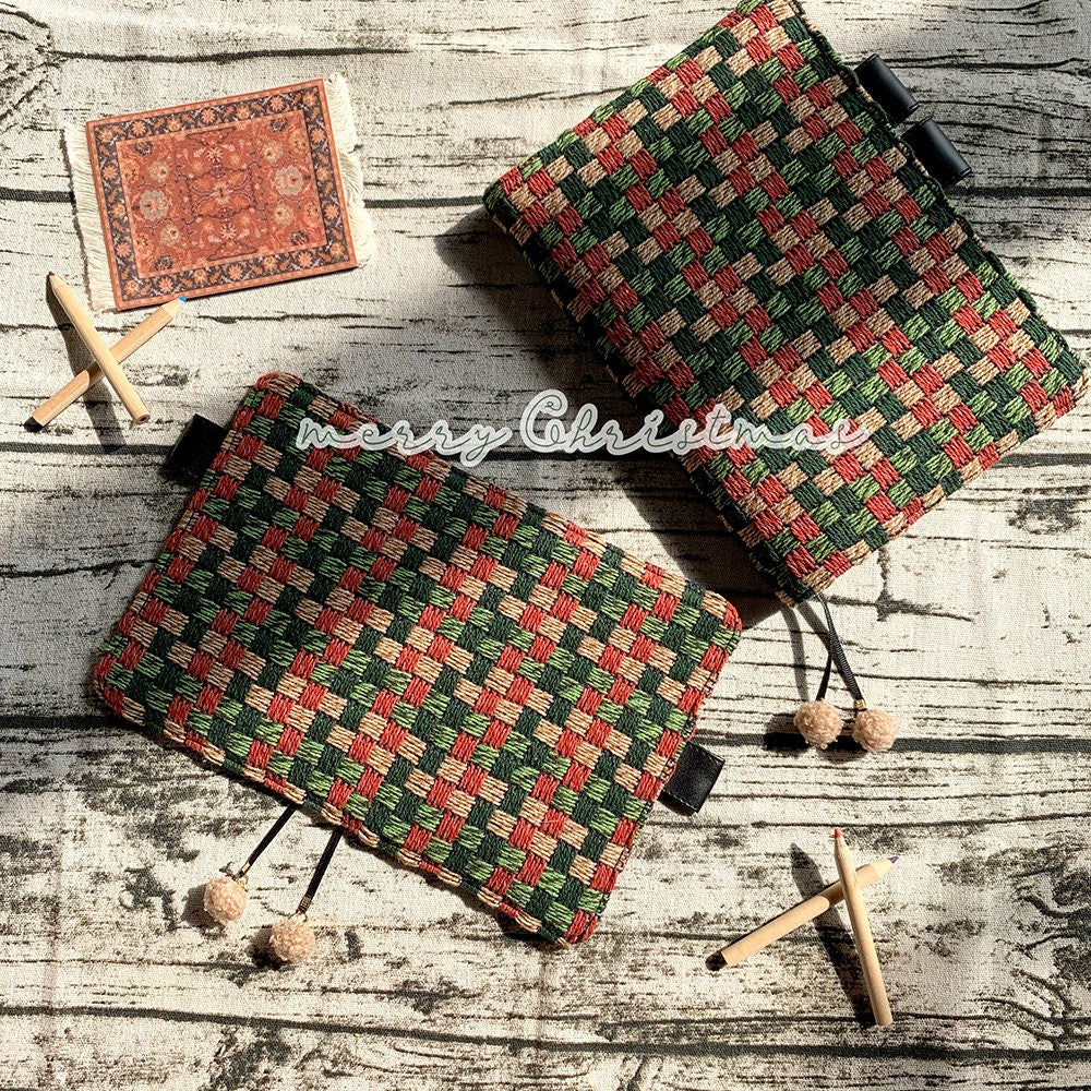 Christmas Carols Handmade Notebook Journal Cover with Colorful Knitting Wool A5 A6 Hobonichi Planner Memories Keepsake Journal Holiday Gift