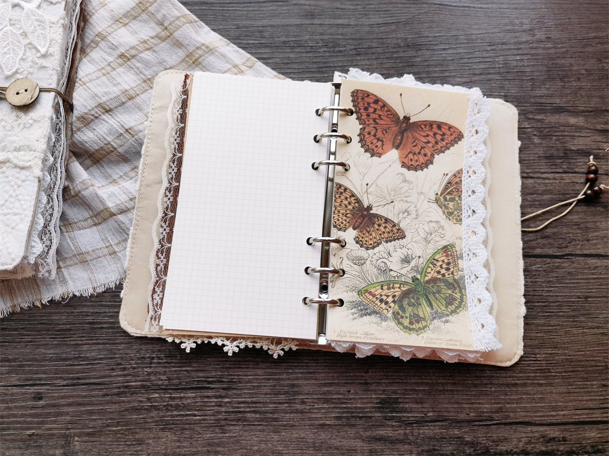 Retro Butterfly Lace Loose-leaf Journal A6 A5 Original White Lace Notebook Cover Handmade Refillable Fabric Notepad Card Booklet Girl's gift