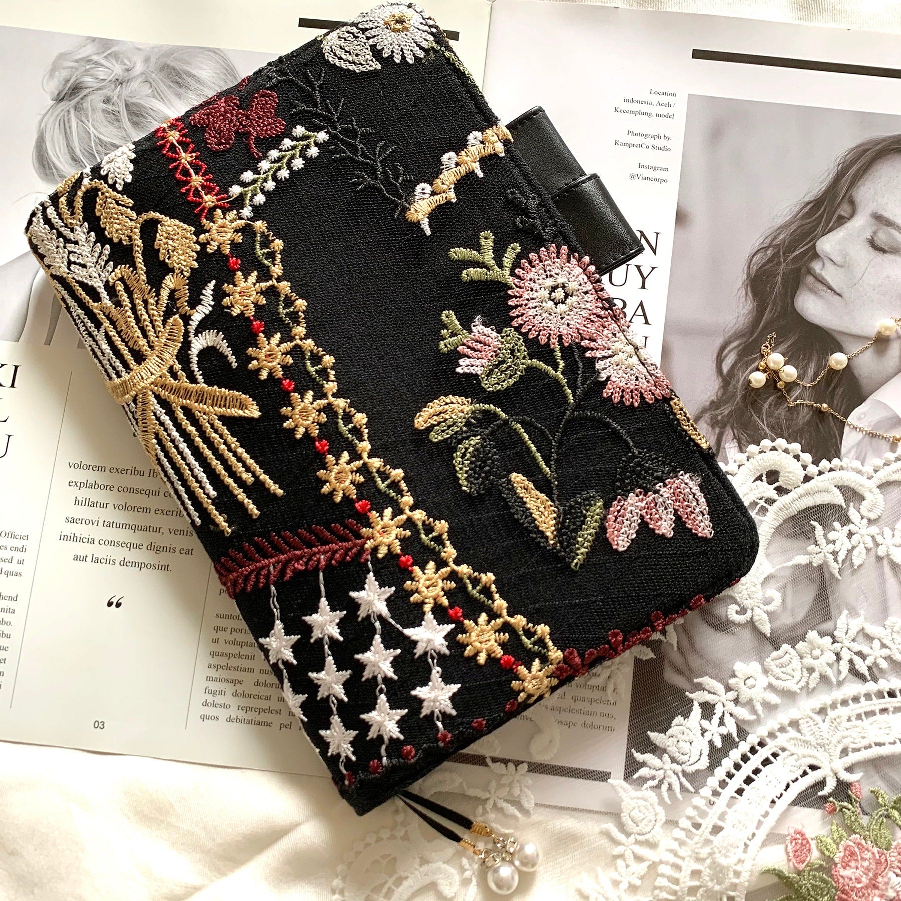 Black Organza Notebook Cover with Flower Embroidery A6 A5 Handmade Hobonichi Journal Planner Lined Dotted Blank Grid Sheets Gift for her