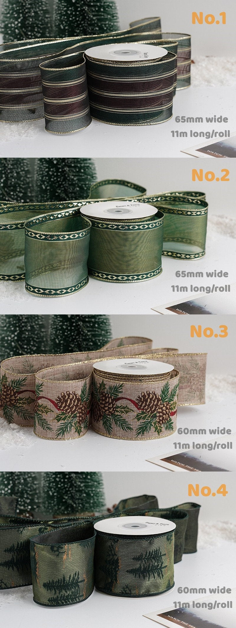 Classical Christmas Overlay Green Ribbon Upscale Christmas Tree Gift Packaging Ribbon Decorative Lace DIY Arts Festival Home Decor 11 Metres