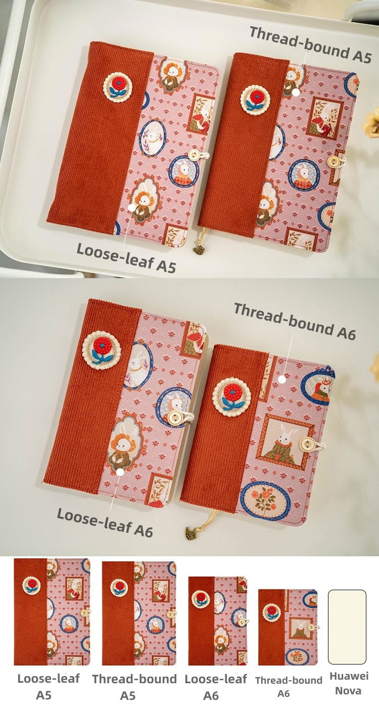 Vantage Corduroy Patchwork Journal Embroidered Flower Notebook A6 A5 Cute Bunny Fabric Notepad Refillable Traveler's Notebook Holiday Gift