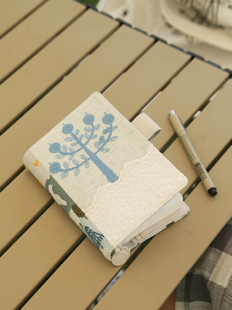 Forest Camping Adventures Patchwork Notebook Journal Cover Running Rabbit Tree Embroidery Cloth-Leather A5 A6 B6 Planner Diary for Hobonichi