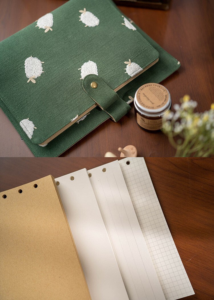 Large Embroidered Sheep Dark Green Fabric Notebook Loose-leaf Journal A4 B5 Handmade Book Cover Blank Lined Grid Refilled Paper Unique Gift